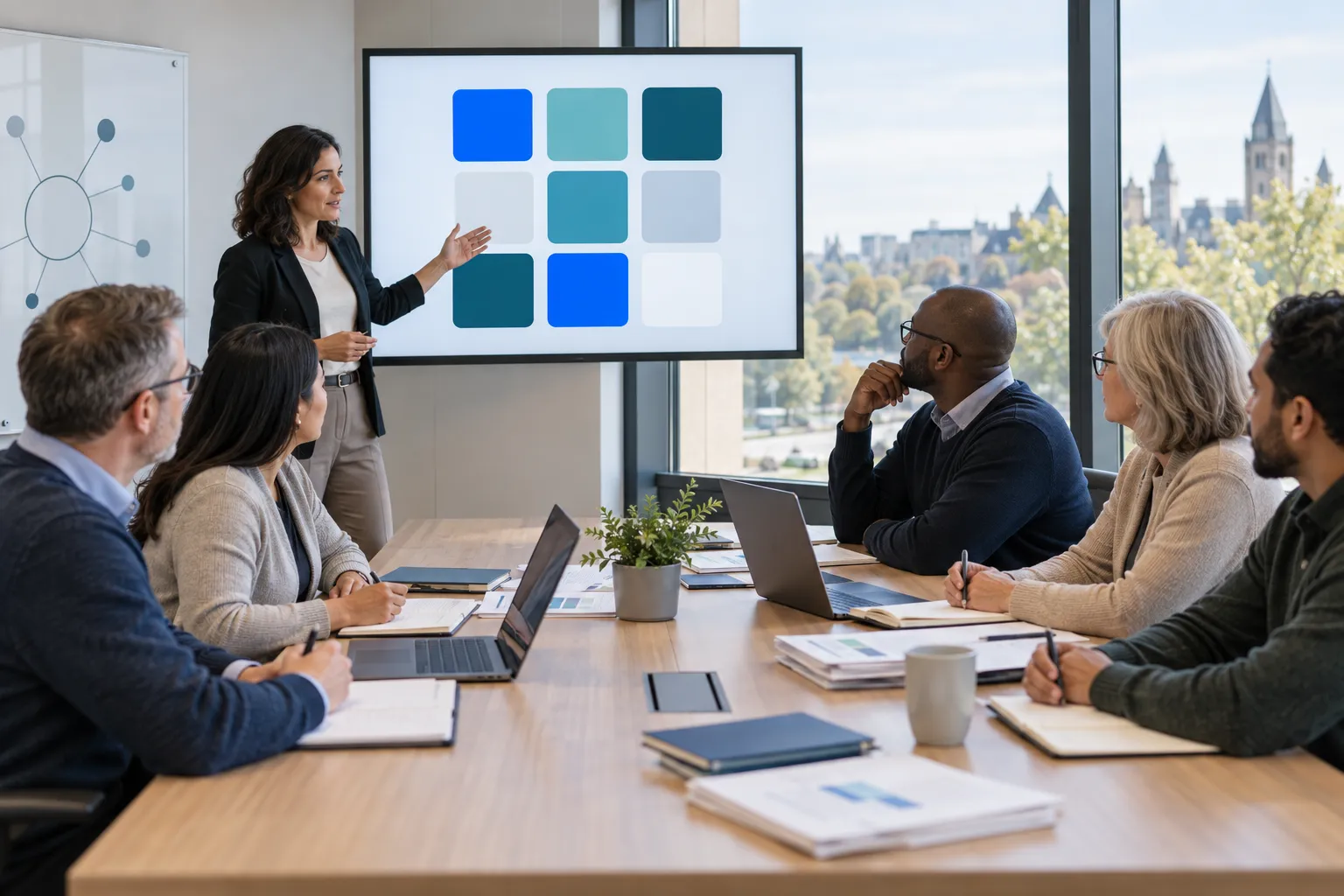 Diverse adult learners reviewing nine assessment dimensions in professional training session