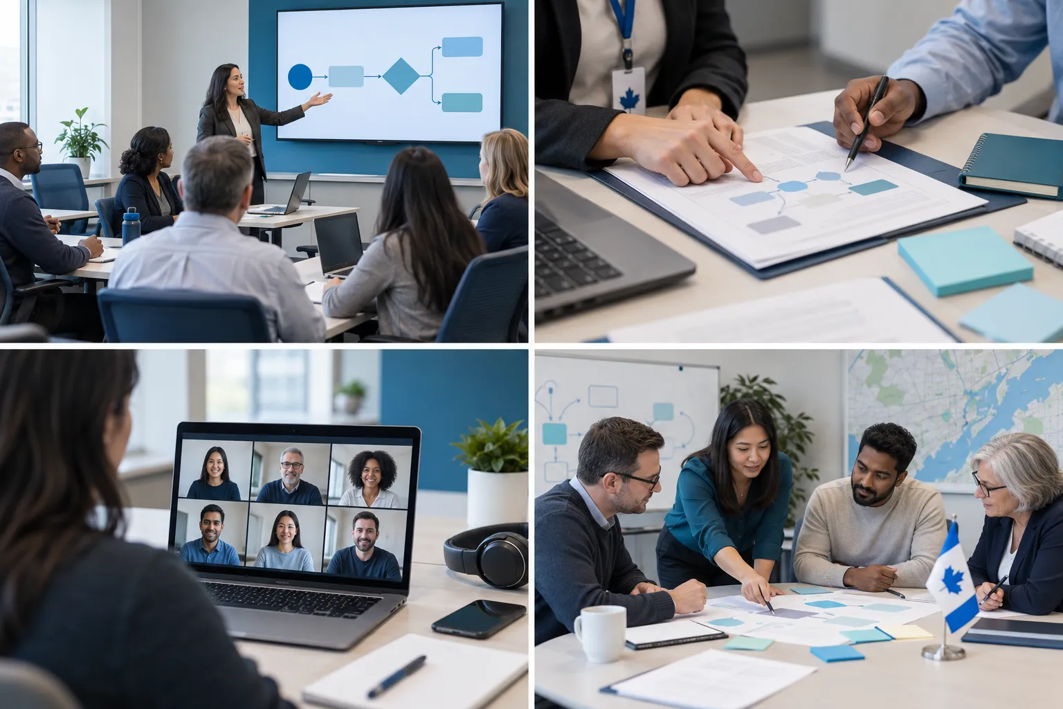 Diverse public-sector professionals in training session with laptops and notebooks