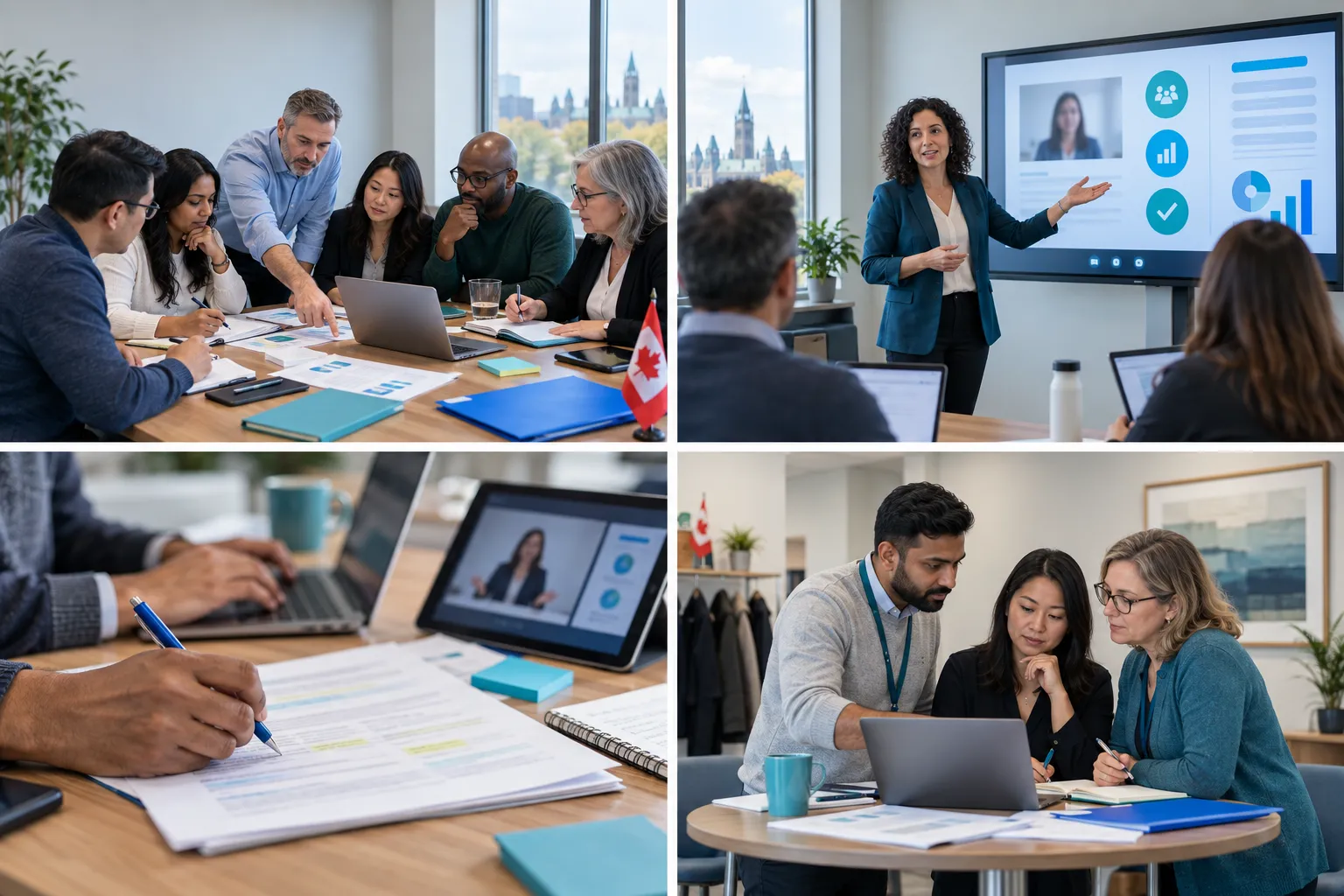 Public-sector procurement learners evaluate webinar materials in a blue-and-teal classroom setting