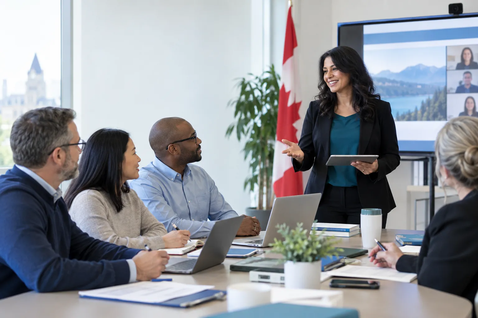 Public-sector professionals study procurement contracts on laptops in a modern training session