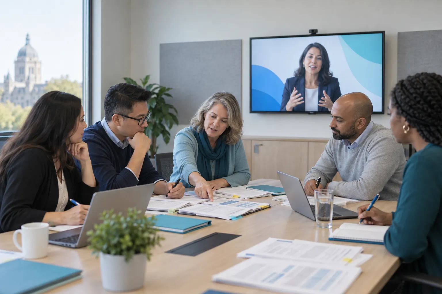 Public-sector procurement team collaborating in a training workshop with laptops and contracts