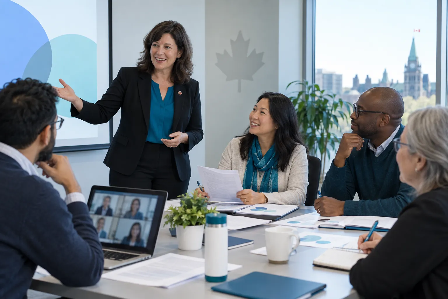 Diverse procurement professionals study contracts and take notes in a Canadian training session