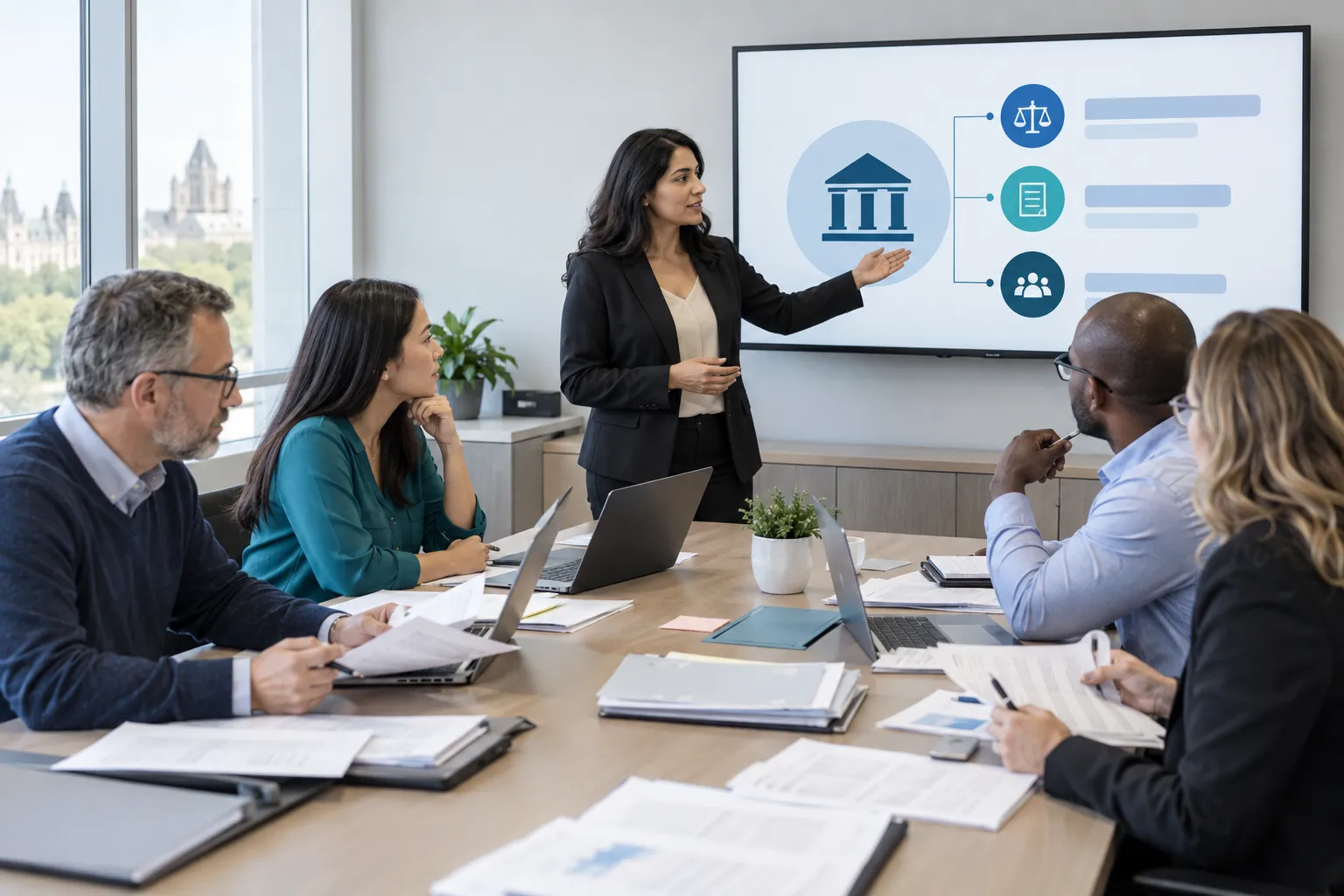 Diverse public-sector professionals learning Canadian procurement in a training session