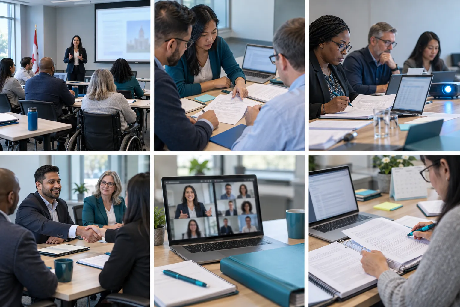 Diverse adult learners reviewing procurement contracts in Canadian public-sector training session