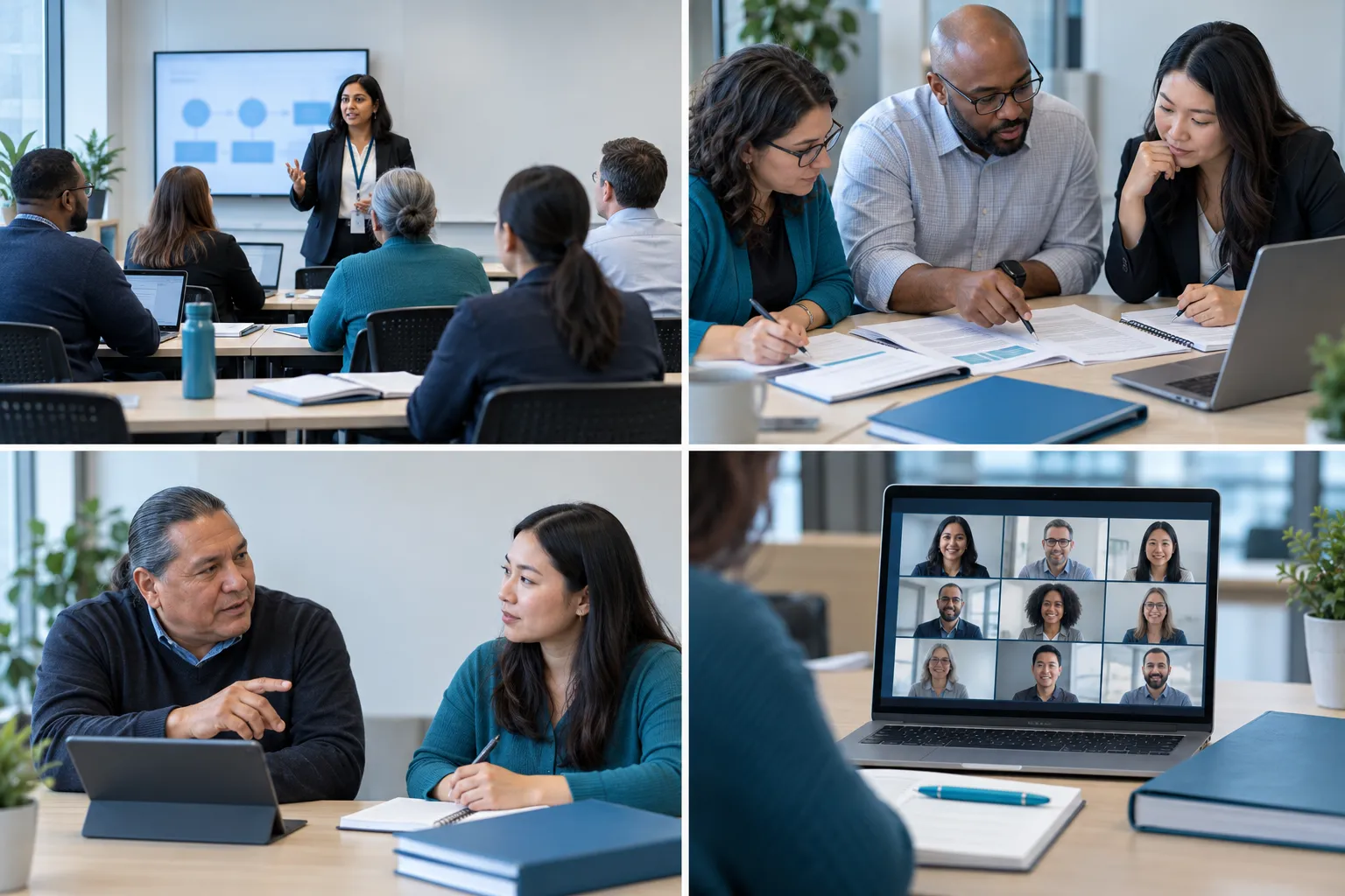 Diverse adult learners reviewing procurement contracts in a classroom training session