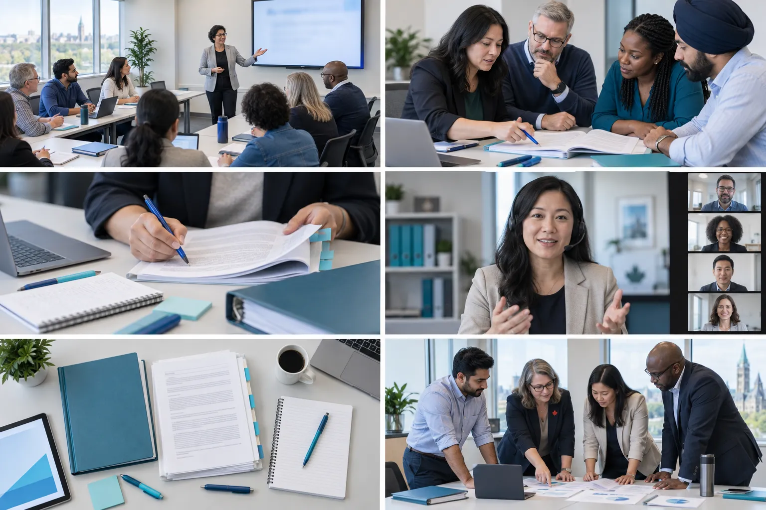 Diverse adult learners in a procurement training session with laptops and notebooks