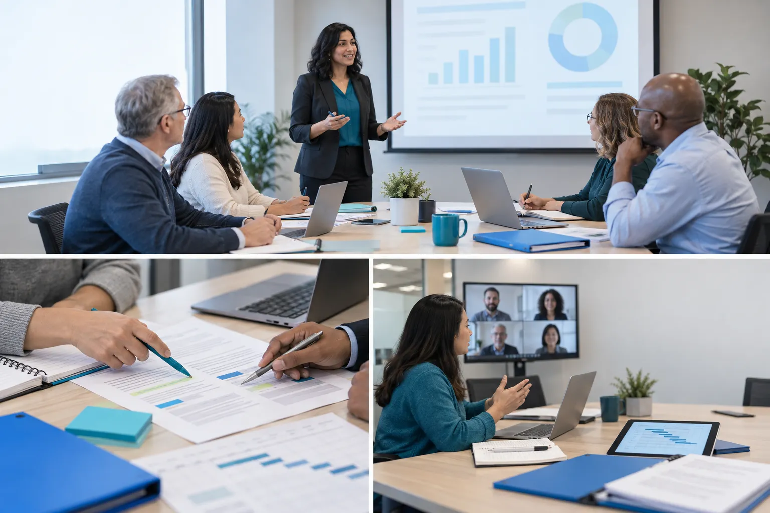 Diverse adult learners reviewing procurement contracts in a training classroom