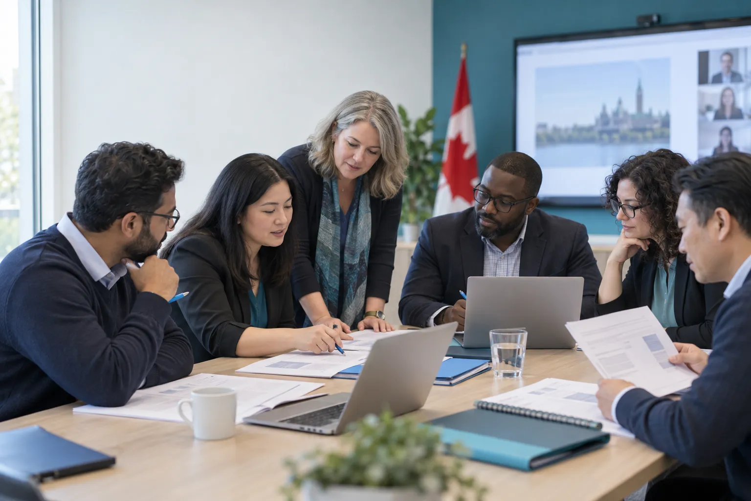 Diverse Canadian professionals reviewing procurement training materials in a classroom