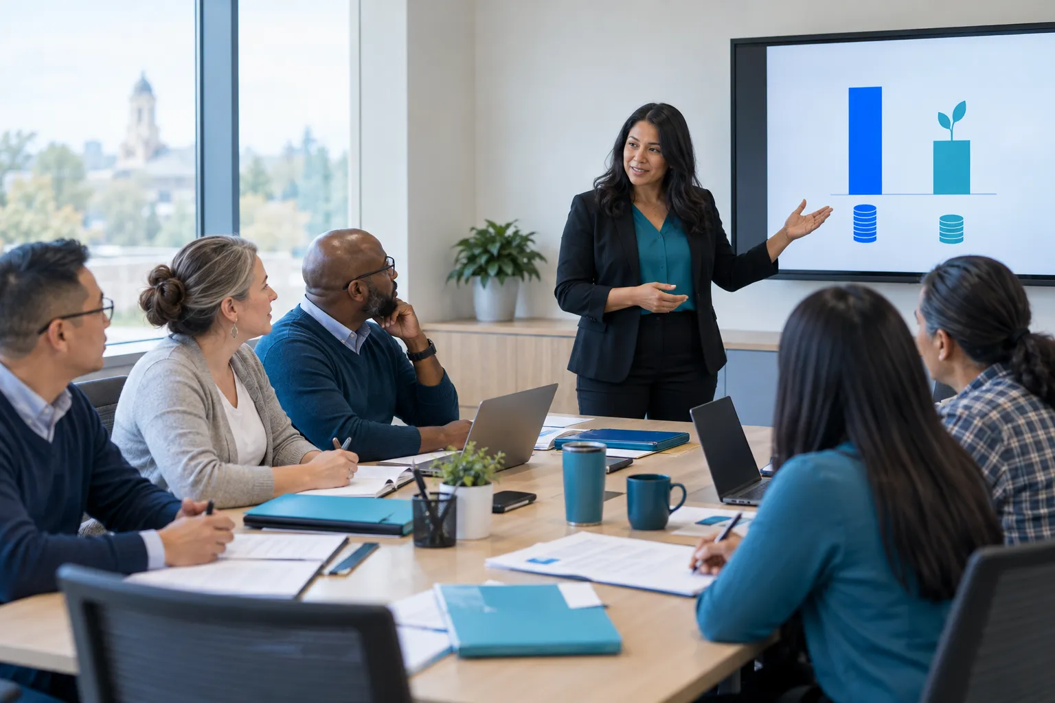 Diverse adult learners reviewing contracts and laptops in a Canadian procurement training session