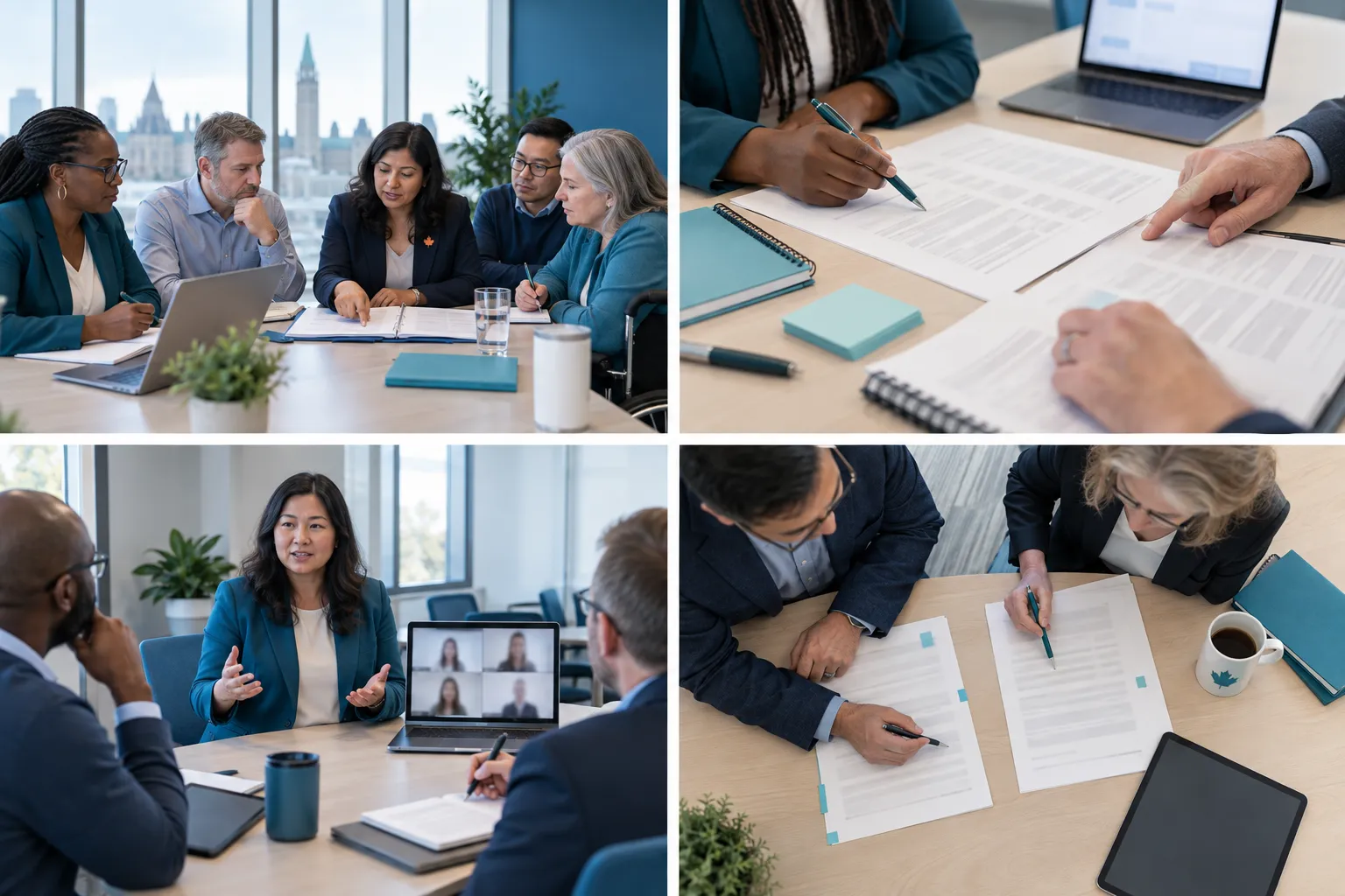 Diverse adult learners reviewing AI risk training materials in classroom with laptops