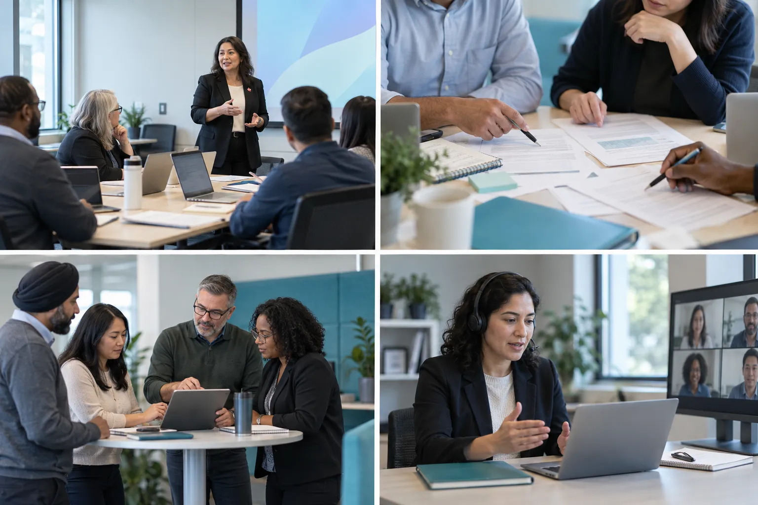 Diverse adult learners in Canadian procurement training with laptops and contracts