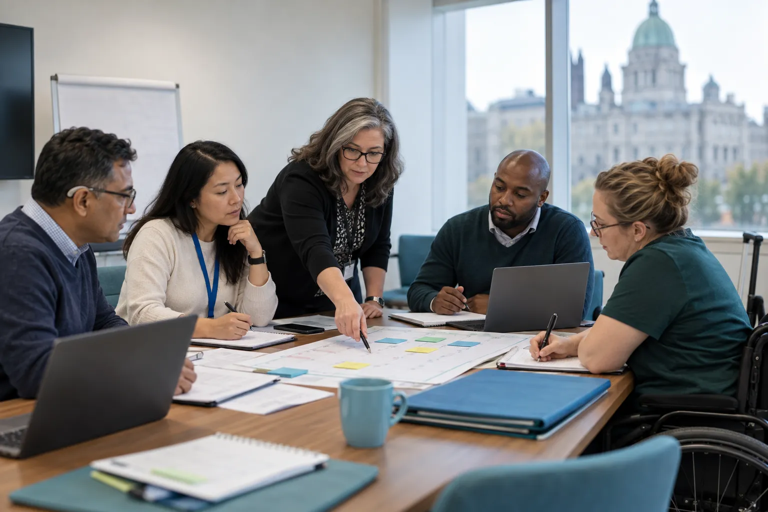 Diverse public-sector buyers reviewing solicitation plans on laptops in training session