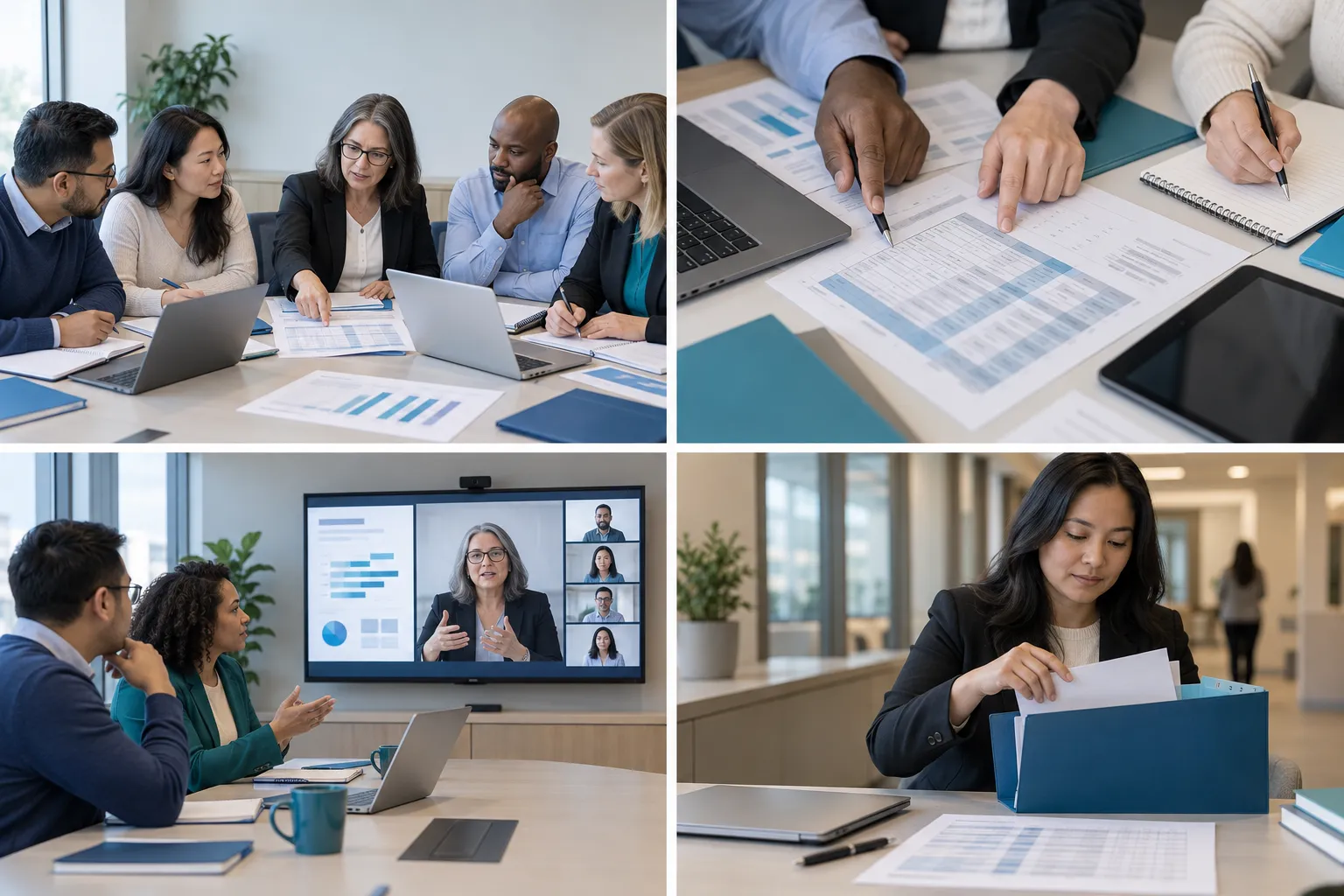 Diverse adult learners in a procurement training webinar with laptops and notebooks