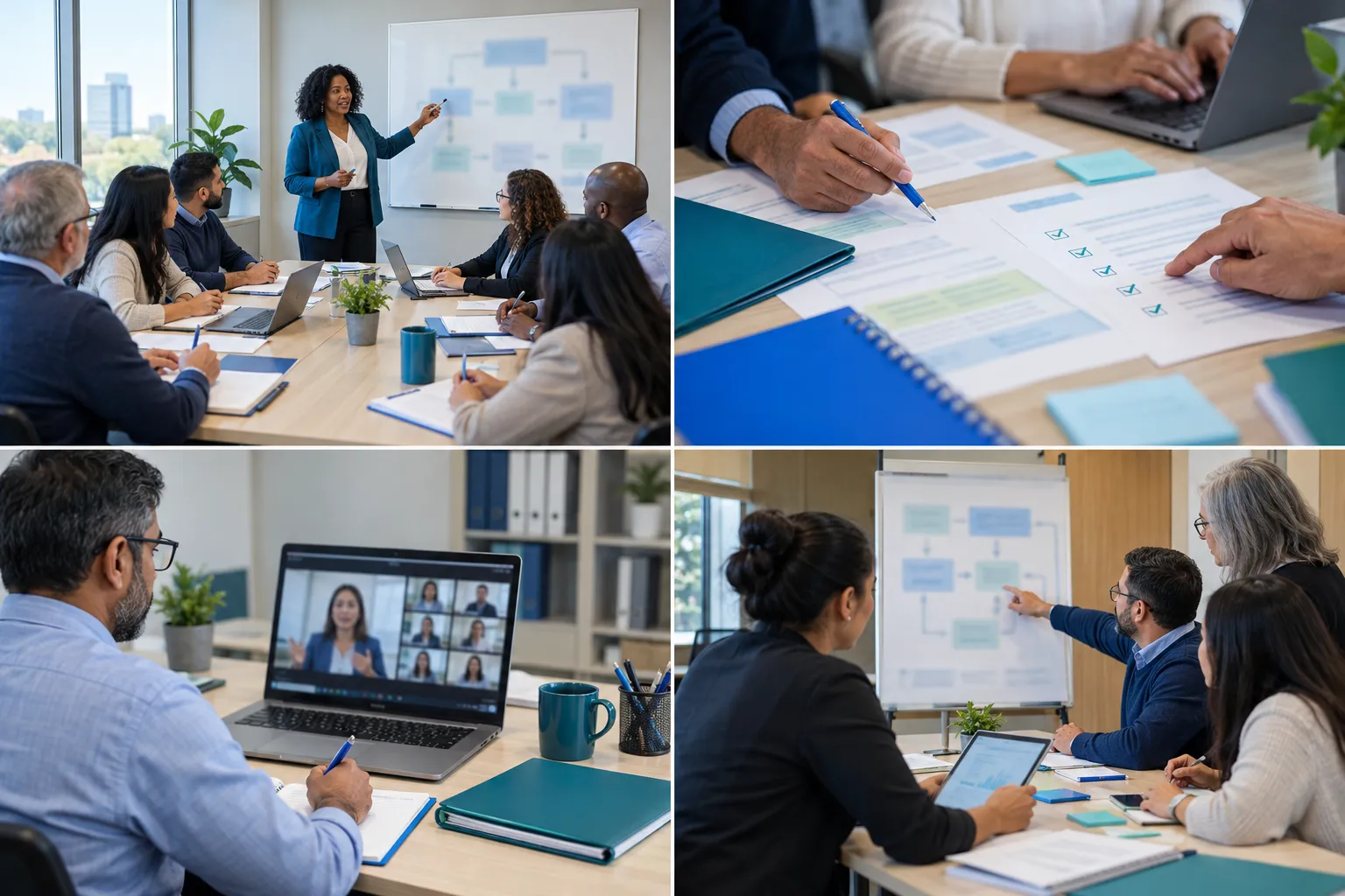 Diverse adult learners reviewing contracts and laptops in procurement training session