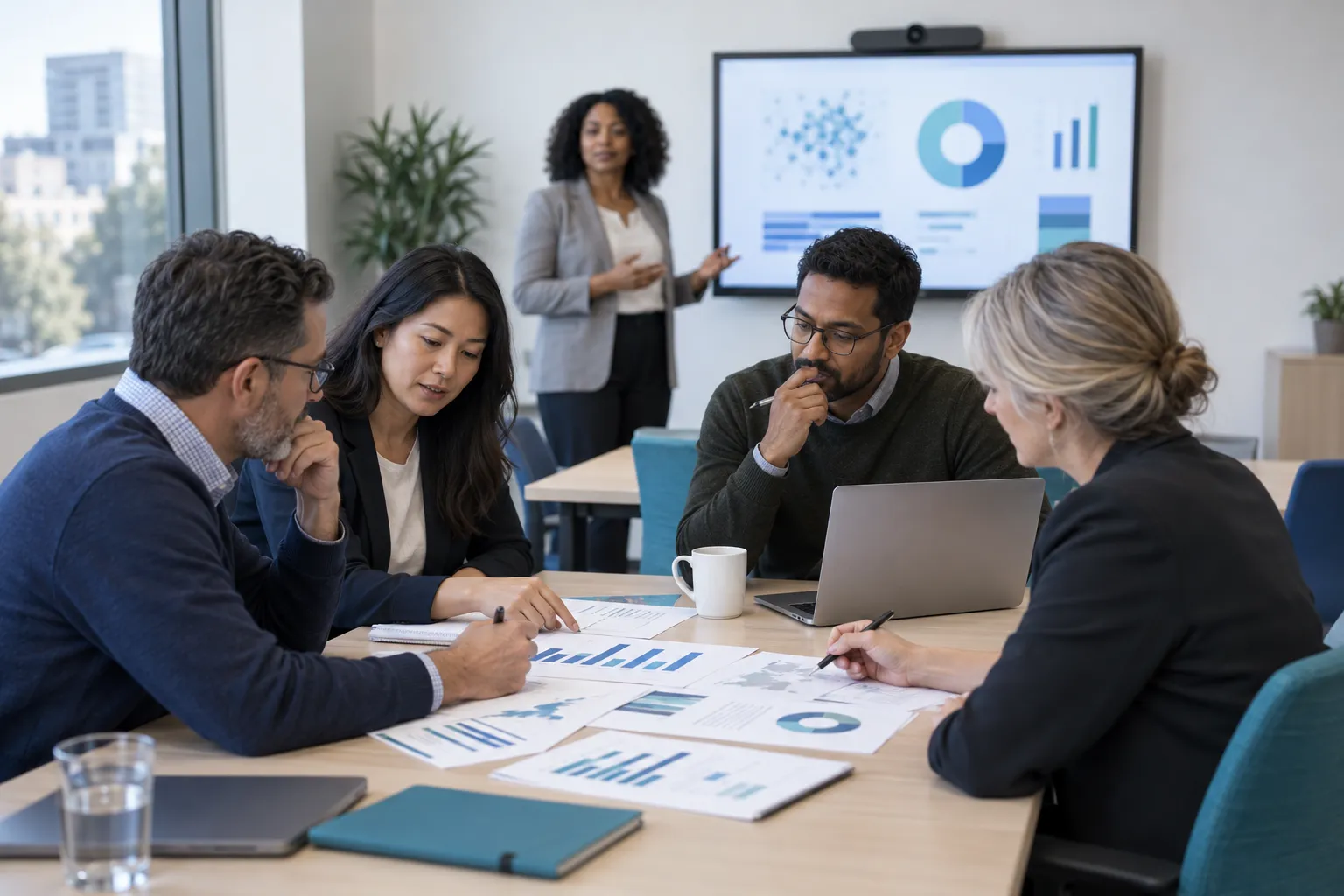 Diverse public-sector professionals reviewing procurement data in a training session