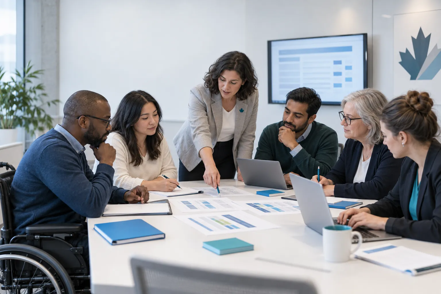 Diverse public-sector professionals reviewing RFP evaluation criteria in training session