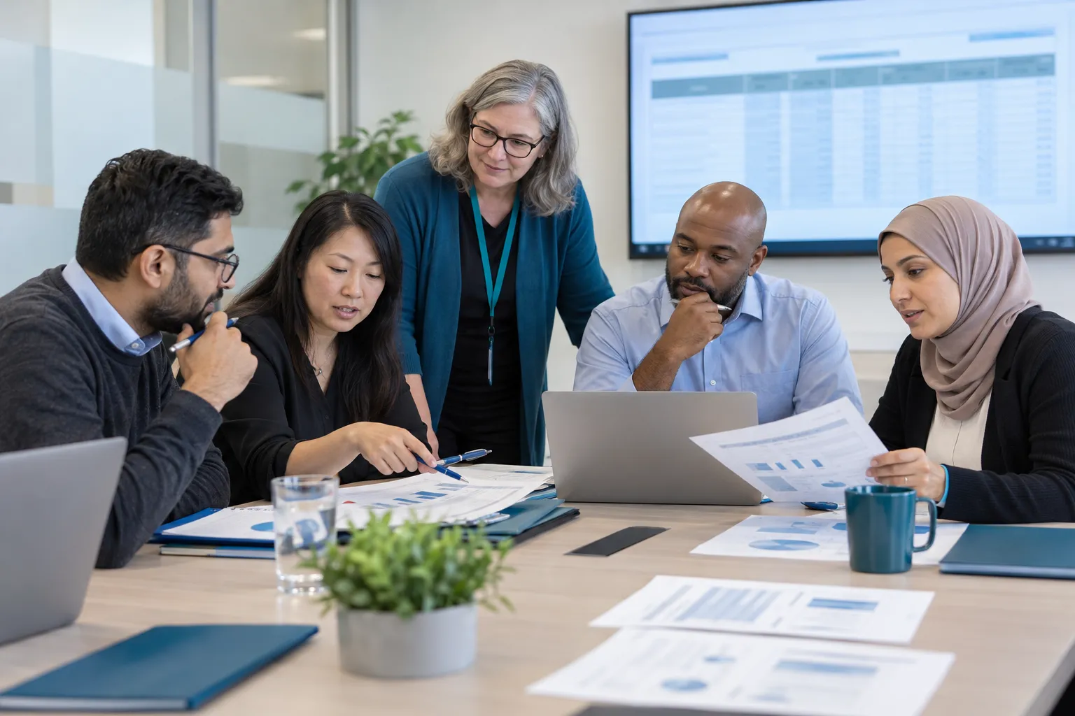 Diverse public-sector team calibrating scores during procurement training session