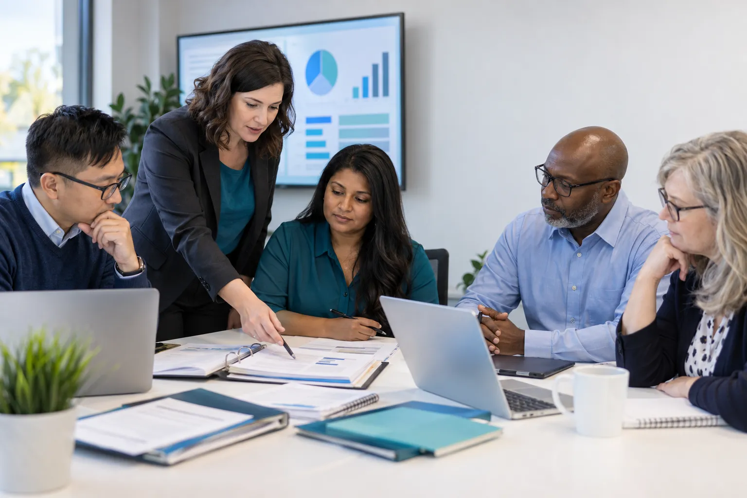 Diverse adult learners in procurement training classroom with laptops, blue teal accents