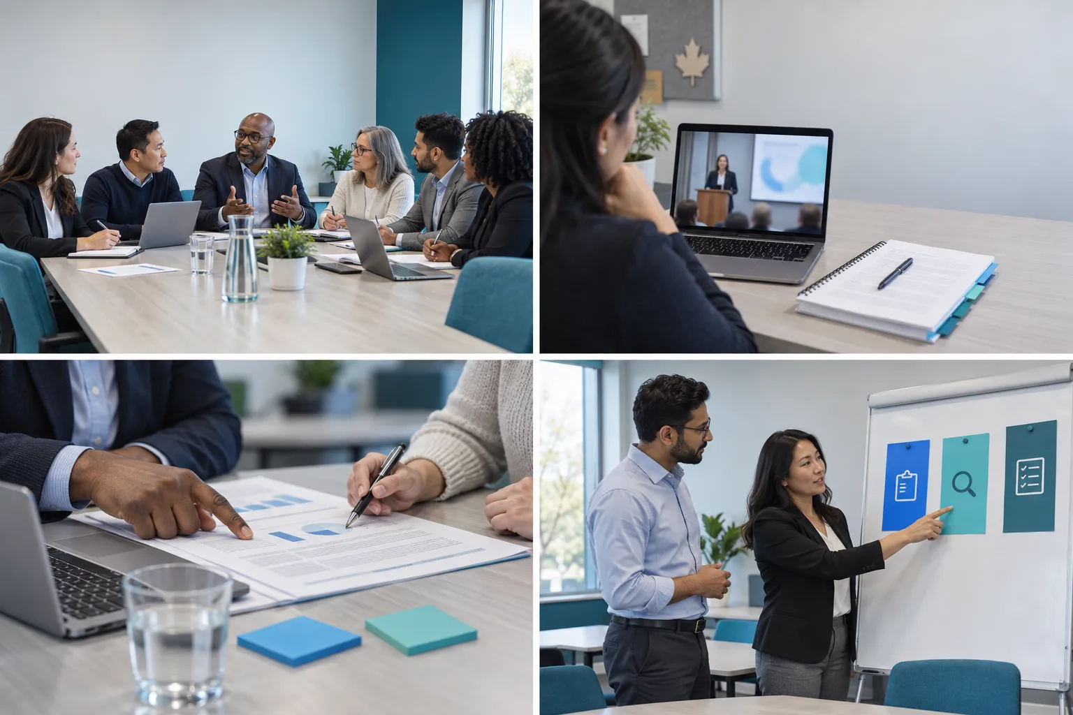 Diverse professionals comparing RFQ, RFP, and RFI procurement methods on documents