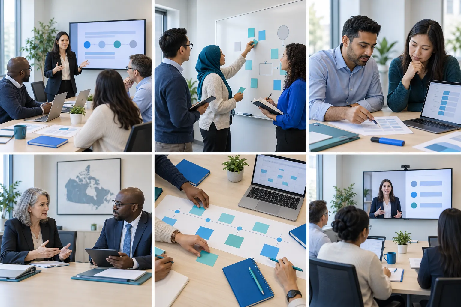 Canadian procurement professionals reviewing RFx document template sections on laptops
